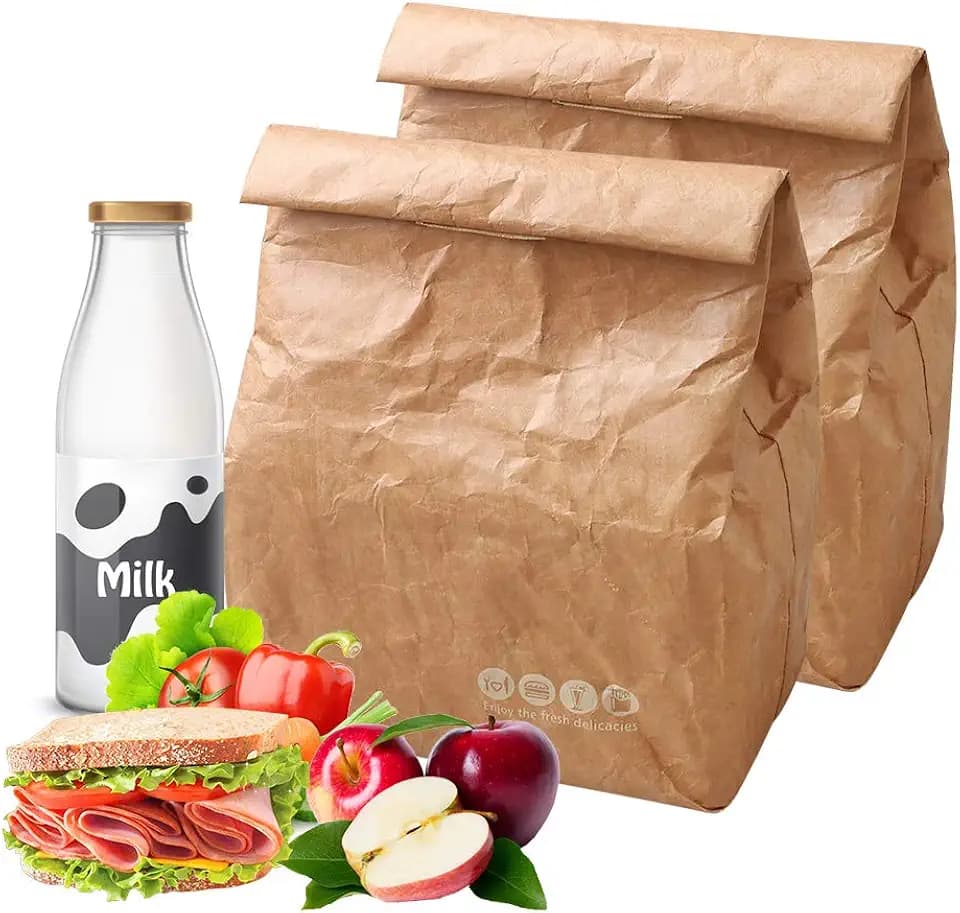 2 Pack Insulated Brown Paper Lunch Bags Reusable, Retro Lunch Sacks for Adults Work Office, Brown Paper - 7.8 x 5.9 x 11.8 inches