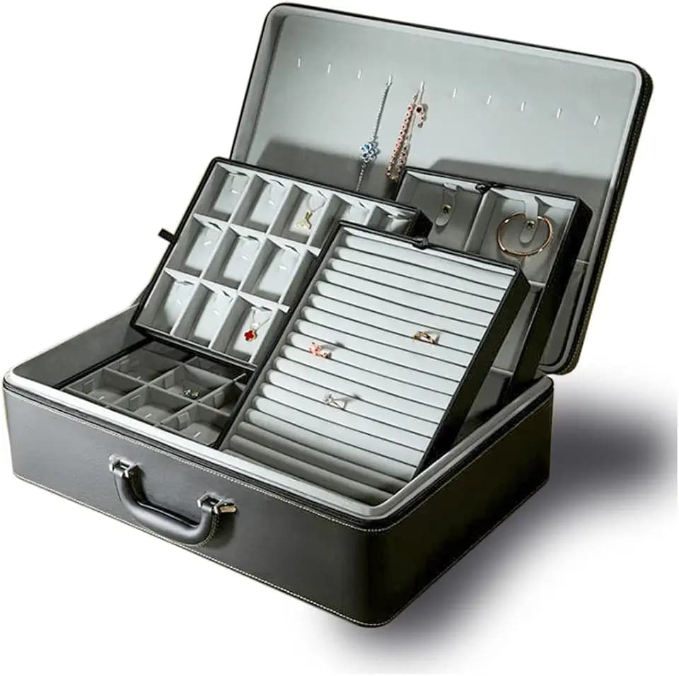 Jewelry Box Carriable Large Commercial Organizer with Handle Zipper Faux-Leather Accessory Case Storage with Trays Gift for Women Men Jeweler(XL6-BK)