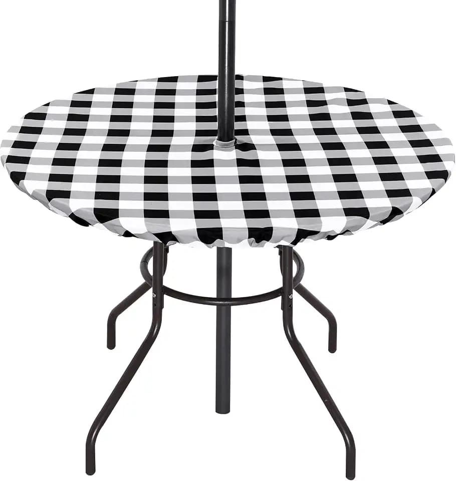 Poise3EHome Fitted Round Black Checkered Outdoor Tablecloth, Polyester SpillProof Plaid Table Cloth with Umbrella Hole Zipper Elastic for Patio Garden Poolside Picnic Fits to 32"-38" Patio Table