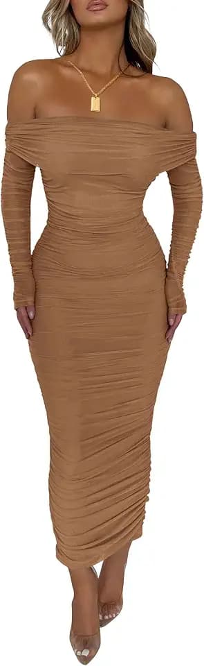 PRETTYGARDEN Women's Off Shoulder Bodycon Maxi Dress Wedding Guest Dresses