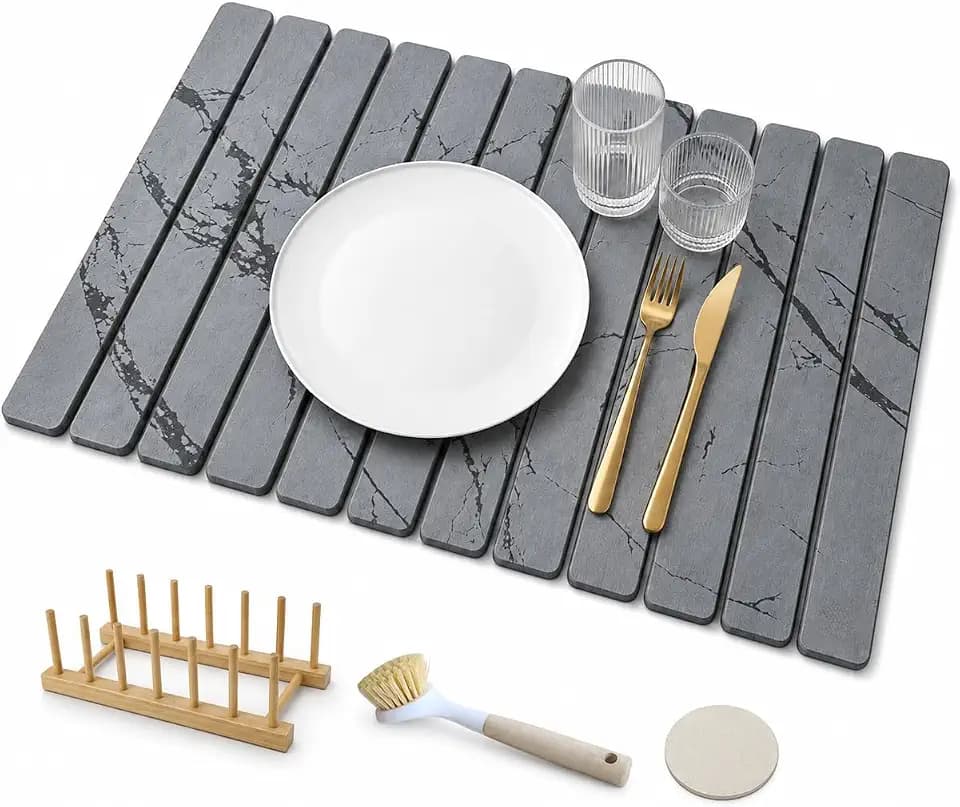Dish Drying Mat, Large Stone Dish Drying Mat for Kitchen Counter 24" x 16", Foldable Diatomite Drying Stone Counter Mat with Non-Slip Base, Foldable Quick Dry Dish Drying Mats【Gray】