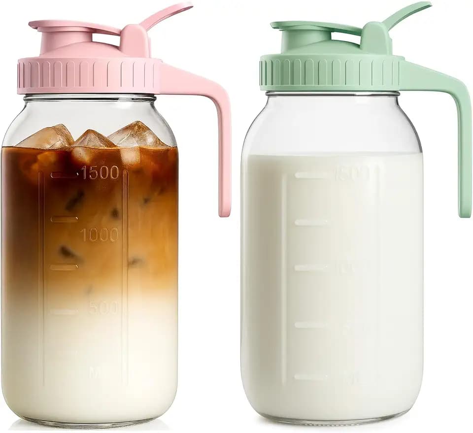 Mason Jar Pitcher Set of 2, 64oz (2quart) Glass Pitcher with Lid for Tea