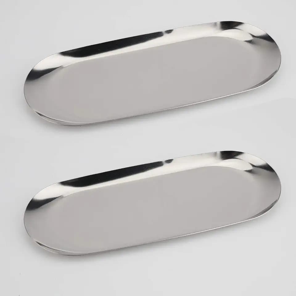 Stainless Steel Decorative Tray, Set of 2, 9 Inch Long, Jewelry Dish Cosmetics Organizer Bathroom Clutter Serving Platter Small Storage Tray, Oval, Silver