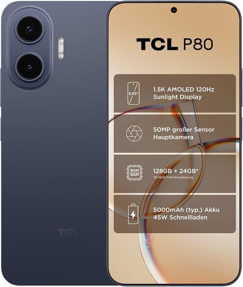 TCL P80 5G Smartphone Schlankes Design 6,83" AMOLED 50MP OIS Mitternachtsblau Schlankes Design, 50MP OIS-Kamera, 1.5K AMOLED-Display, 128GB ROM, 24GB erweiterter RAM, 5000mAh Akku (typ.), 45W Laden