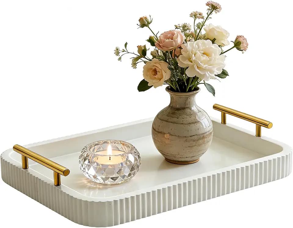 Rectangle Modern Wood Serving Tray with Metal Handles, High Gloss White Finish, 16x12 Inch Coffee Table Ottoman Tray for Storage and Display (White)