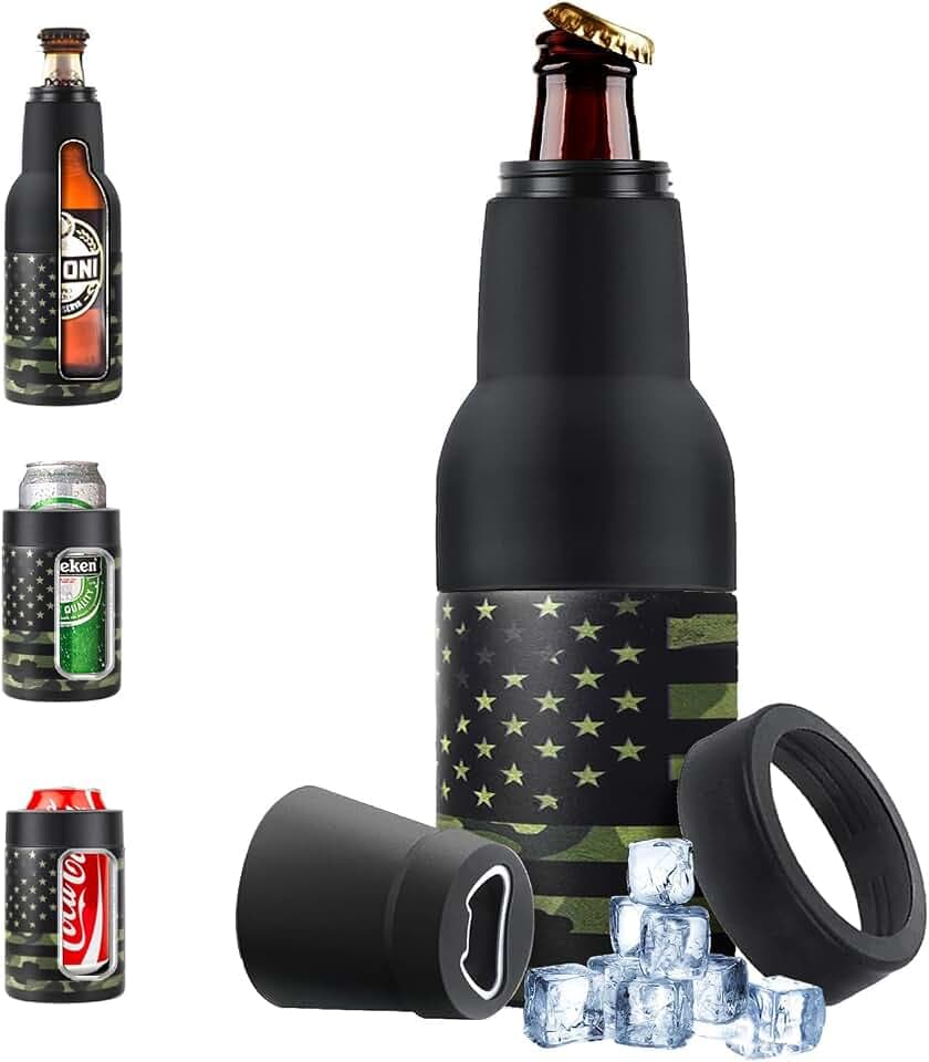 Stepstall Can Cooler Beer Bottle Holder with Beer Opener, 4-in-1 Design Slim Can Beer Bottle Insulators, Double Walled Stainless Steel Insulated, 12 OZ Beer Gifts for Men Father(Camouflage Flag)