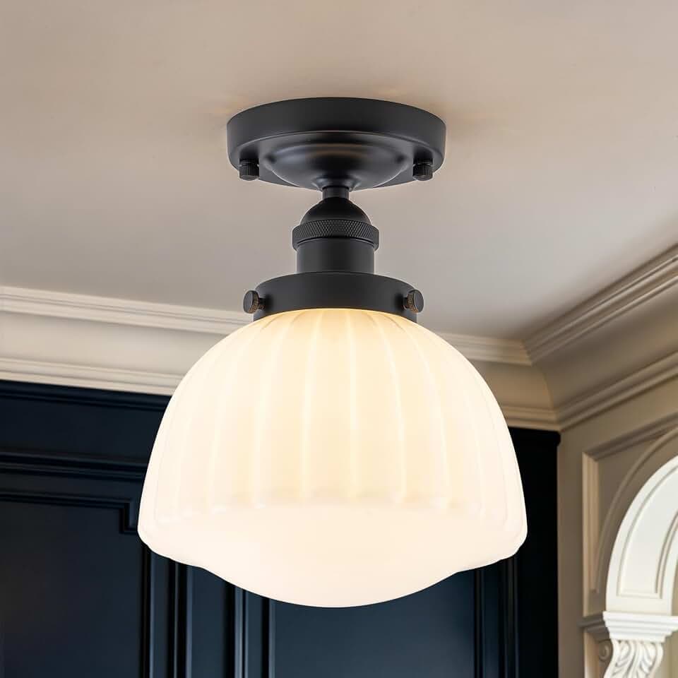 7.7" Small Black Vintage Semi Flush Mount Ceiling Light, Ribbed Milk Glass