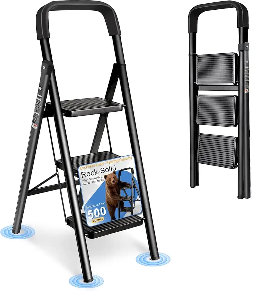 3 Step Ladder Folding Step Stool with Handrail