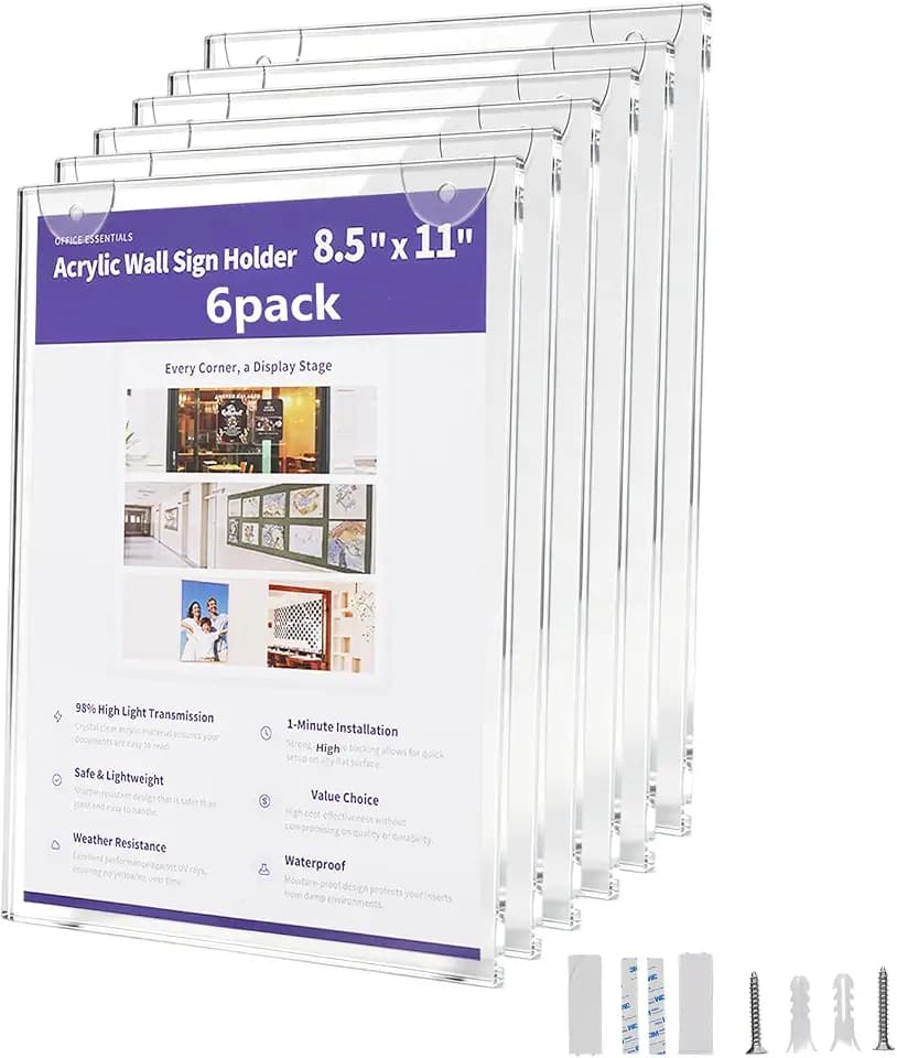 6 Pack Acrylic Sign Holder 8.5" x 11" Wall Mount, Clear Plastic Flyer Holder with Adhesive Strips & Screws, Top Loading Floating Frames for Office, Restaurant, Store, School, Standard Letter Size