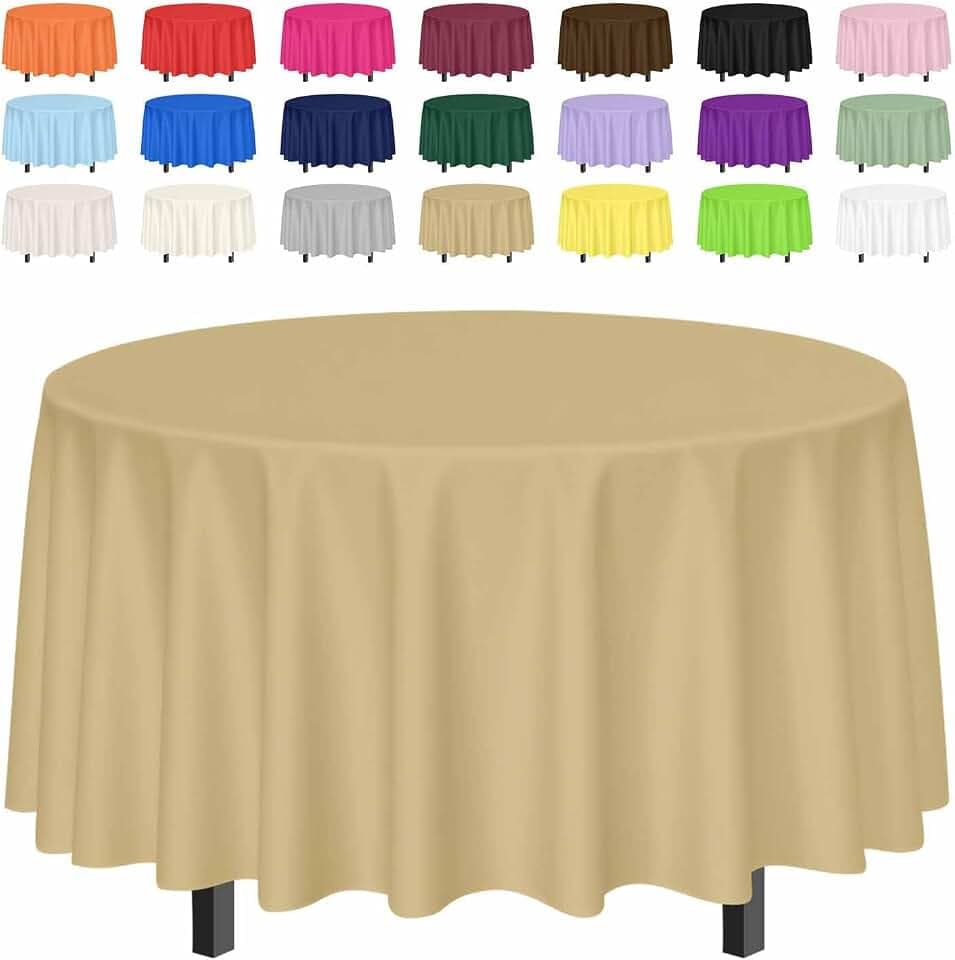 SietDESEO 3 Pack Gold Tablecloth Round 84 x 84 Plastic Table Cover Waterproof Gold Table Cloth Disposable for Wedding Birthday Baby Shower Party Picnic Circle Tablecloth