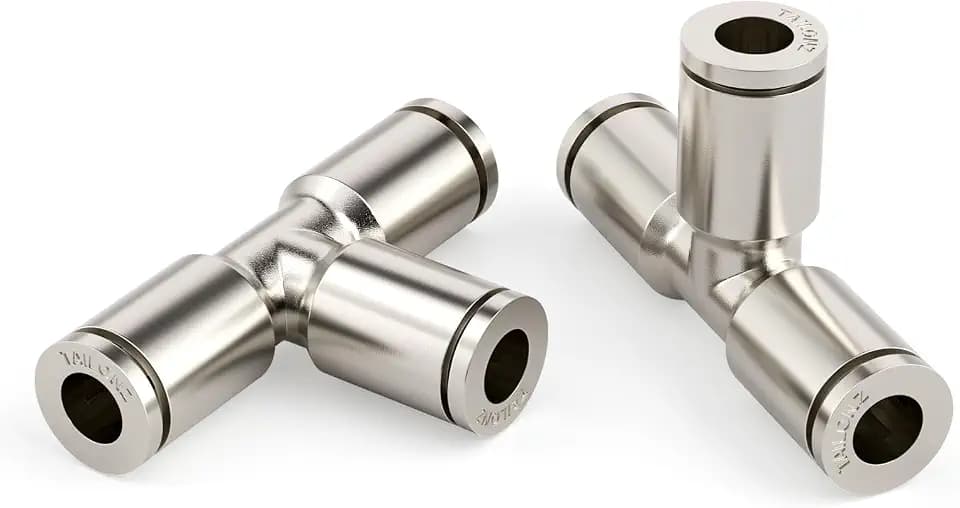 TAILONZ PNEUMATIC 3/8 Inch OD Copper Nickel Plating Push to Connect Air Fittings Tee Straight Union Connect TPE-3/8(Pack of 5)