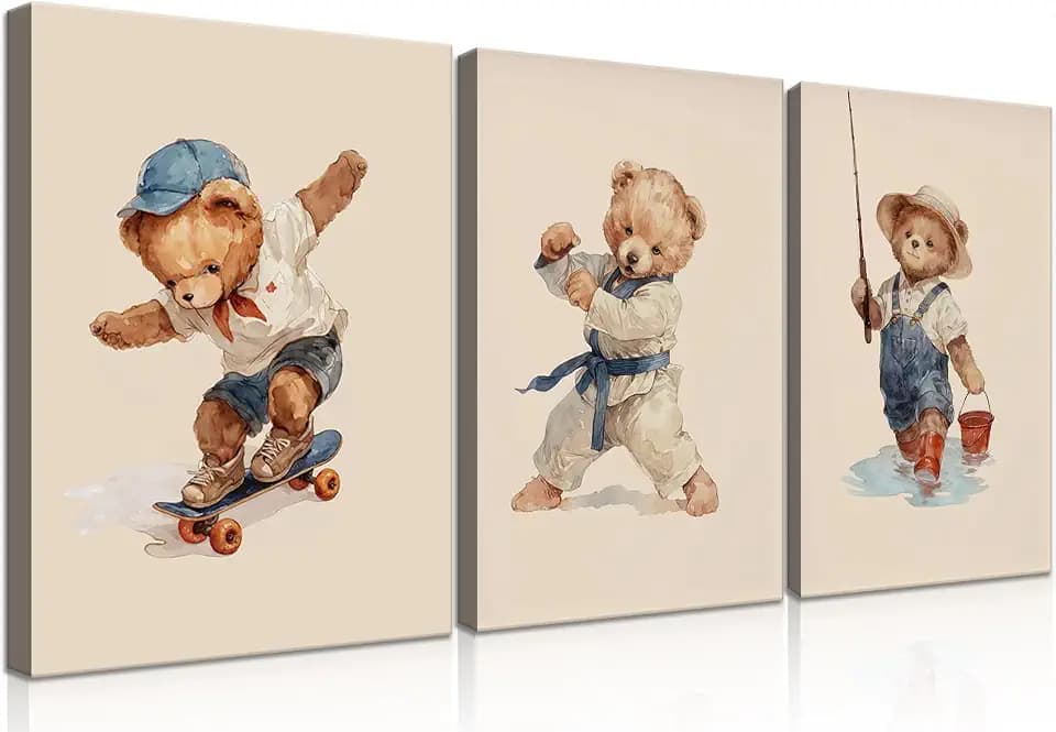 Teddy Bear Wall Art Set of 3 - Vintage Cute Bear Playing Skateboard, Karate, Fishing Canvas Prints - Neutral Nursery Decor for Boys Room, Kids Bedroom, Playroom Wall Decor framed 16x24in