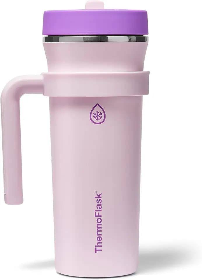 ThermoFlask 32 oz Double Wall Vacuum Insulated Stainless Steel Tumbler with Removable Handle, Foldable Straw Lid, Rosy Twilight