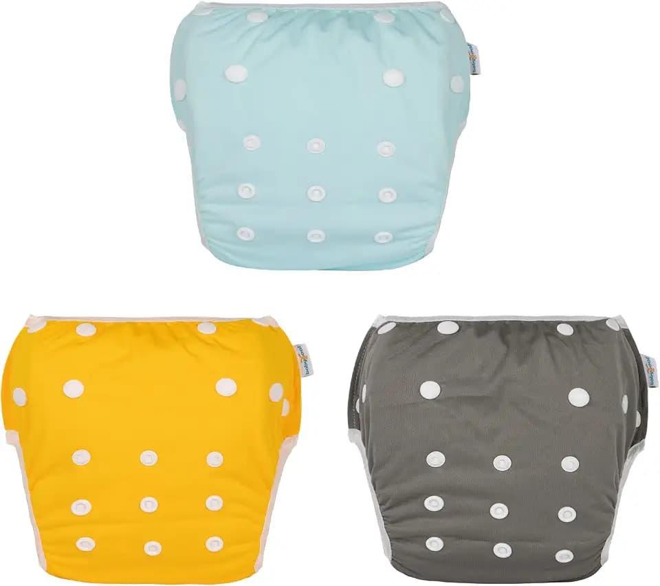 Babygoal Neutral Swim Diapers 3 Pack for 8M-3T Babies and Toddlers, Reusable Adjustable Washable for Baby Girl and Boy Swimming Lessons-Blue,Yellow,Grey