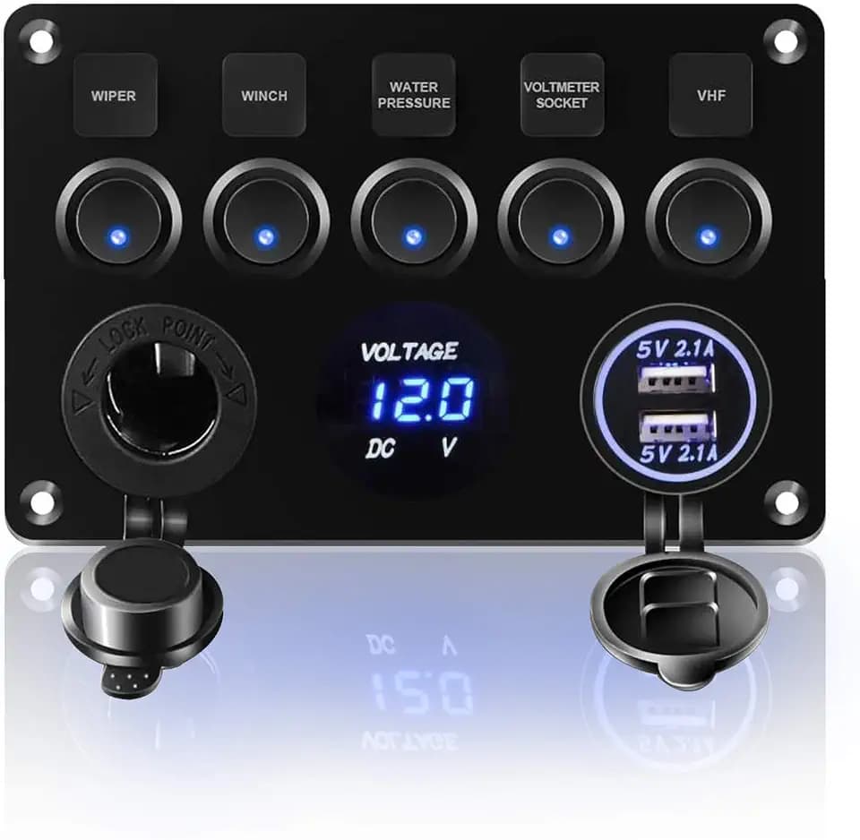 KAOLAI Schalter Panel 12V/24V 4.2A IP65 Wasserdicht Schalter Panel 12V Camper Dual-USB-Ladegerät LED Voltmeter Zigarettenanzünder 5 Kippschalter EIN/AUS für Boot Wohnmobil Fahrzeuge LKW