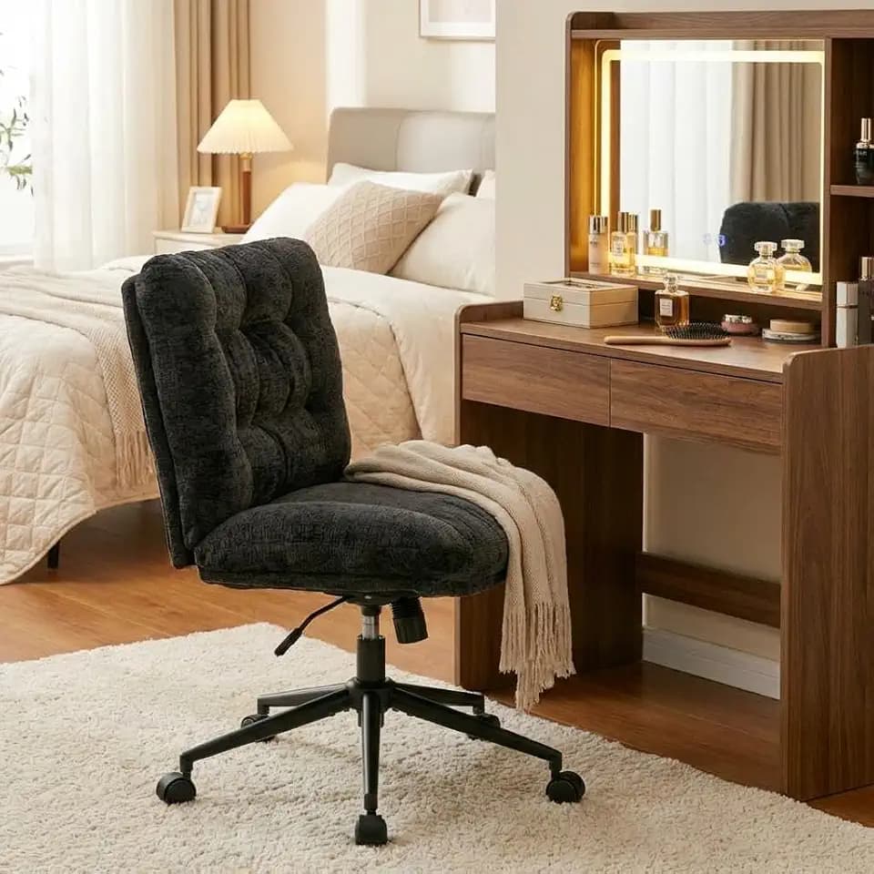 Home Office Chair with Wheels, Armless Vanity Desk Chair in Chenille Fabric, Double Cushion Wide Seat, Swivel Height Adjustable Chair for Bedroom, Living Room, Home Office, Dark Gray