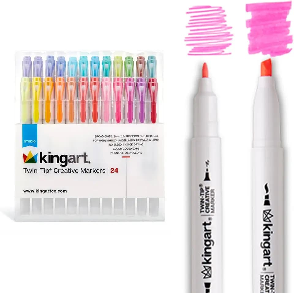 KINGART Studio Twin-Tip Highlighters (24 Unique Soft Pastel Colors). Double-Ended: Broad Chisel & Fine Tips. Quick-Dry, No-Bleed Water-Resistant Ink for Journaling/Art.