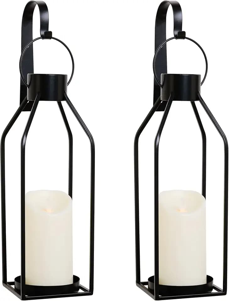 HPC Decor Black Metal Candle Sconces w/Flickering Timer Candles- Candle Wall Sconces Set of 2- Wall Sconce Candle Holder- Vintage Sconces Wall Decor Set of 2 for Home Decor, Living Room,Dining Room