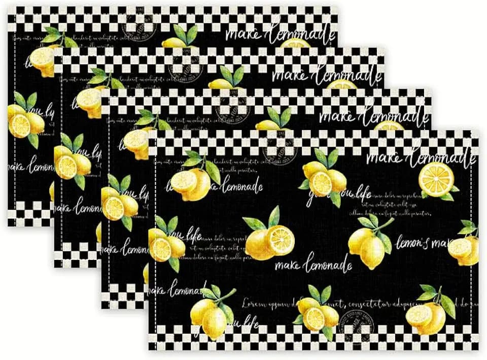 Farmhouse Lemon Placemats Set of 4, Black and White Buffalo Check Linen Dining Table Mats 12"x18", Rustic Kitchen Decor Spring Summer Kitchen Decor