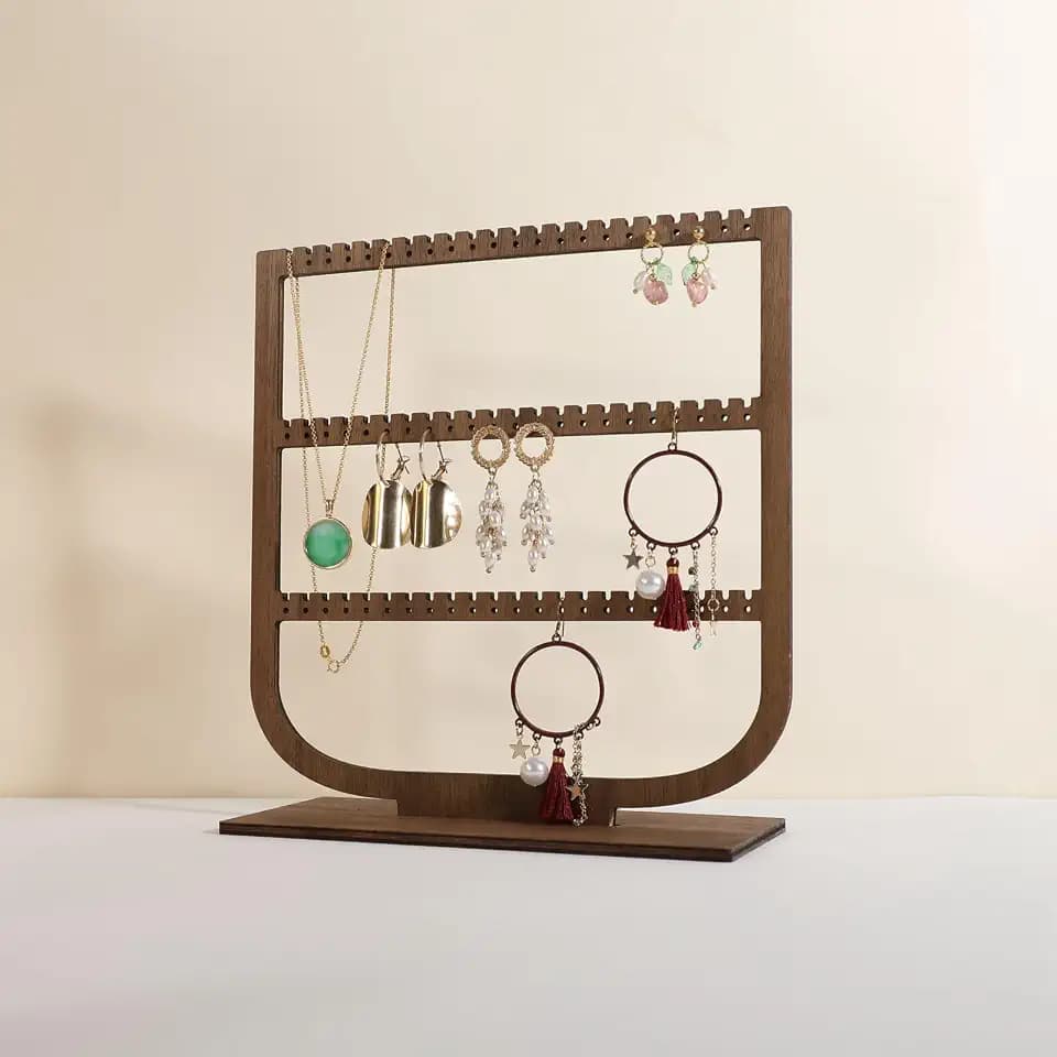 wooden hanging jewelry organizer, walnut jewelry display holder for selling, dangle necklace storage shelf, 3 tier earring display stands for selling【Jewelry shelf-3 tier】