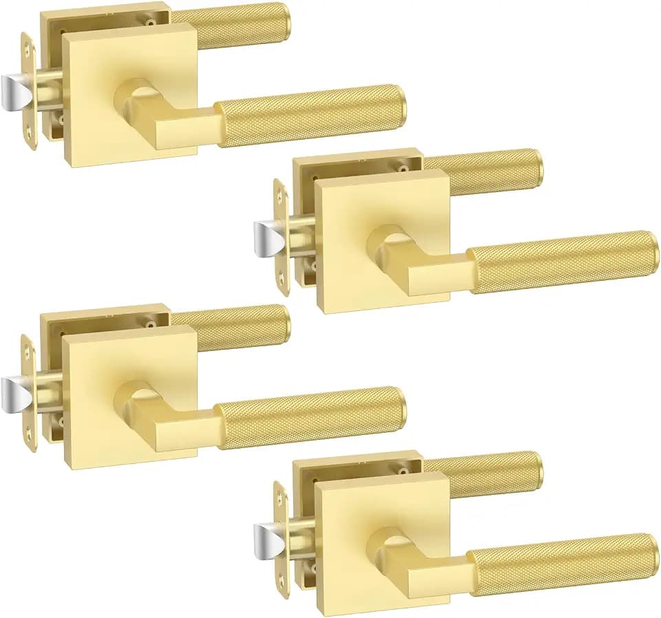 FILTA 4 Pack Gold Passage Door Handles, Knurled Door Levers Interior Gold Door Lever Bathroom Door Knobs Heavy Duty Square Door Lock