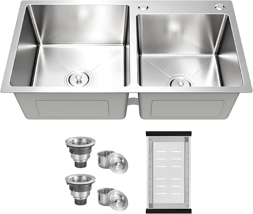Modern Kitchen Sink Nano-Coated 30.7x16.9 Inch Stainless Steel Kitchen Sink, Drop in & Topmount Double Bowl Sinks with Drain&Fruit Baskets