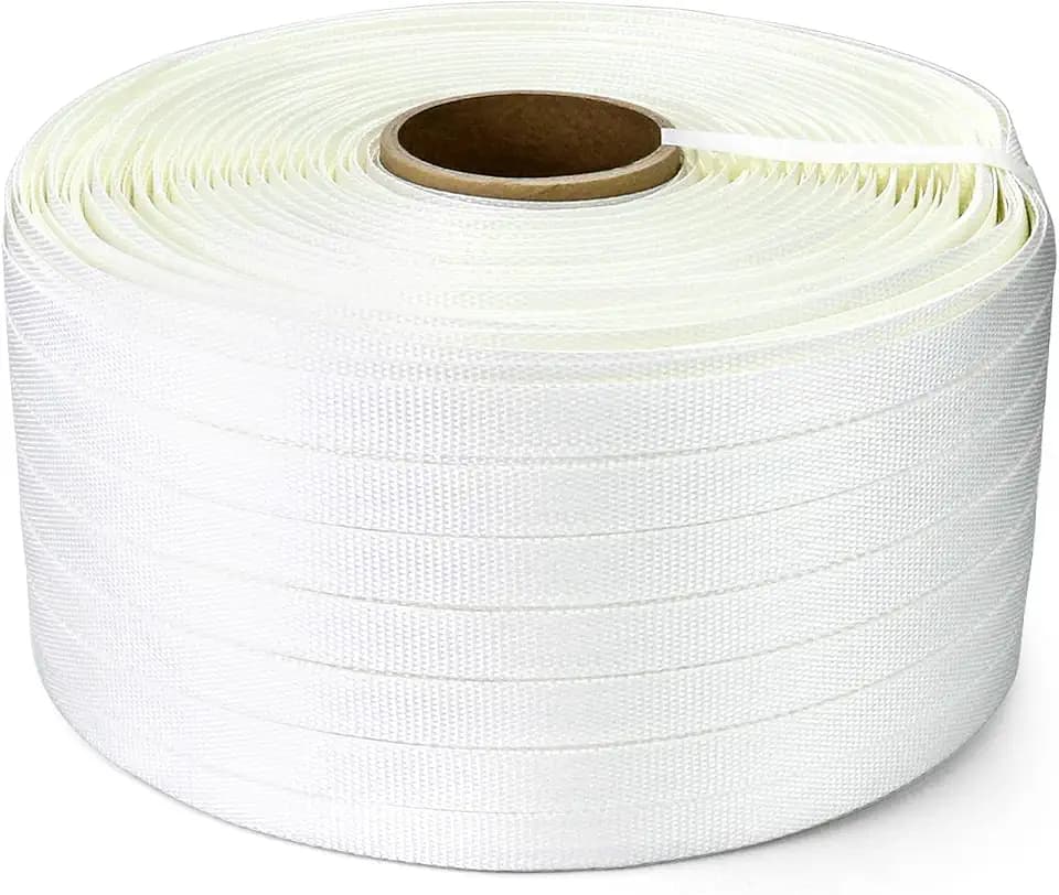 QWORK 3/4" x 1640' Woven Cord Strapping Roll, Heavy Duty Polyethylene Braided Rope Strap Roll, 1830 lb Strong Break Strength 6" x 3" Core, Strength and Flexibility, White