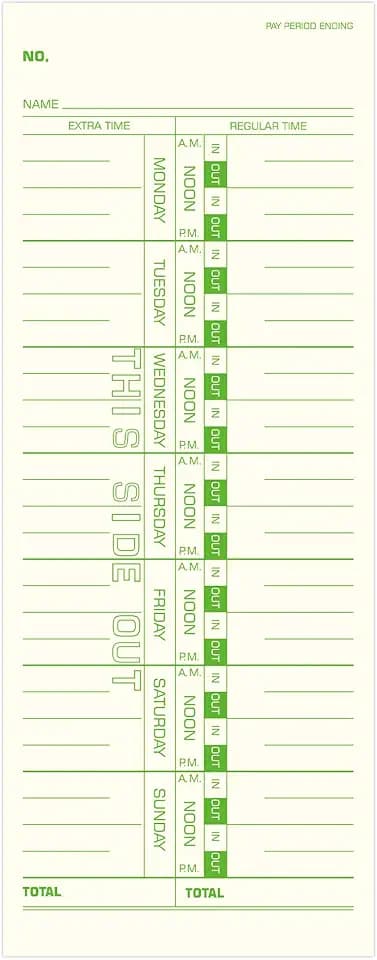 Weekly Time Cards 1-Sided, 3-1/2" x 9", Named Days, 500-Count,Time Cards for Employees, Green Print, Timecards for Time Clocks