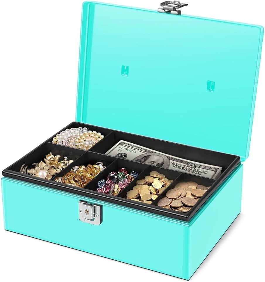 Flexzion Cash Box with Money Tray, Latch Lock, 11 x 7.7 x 3.5 Inch, Blue