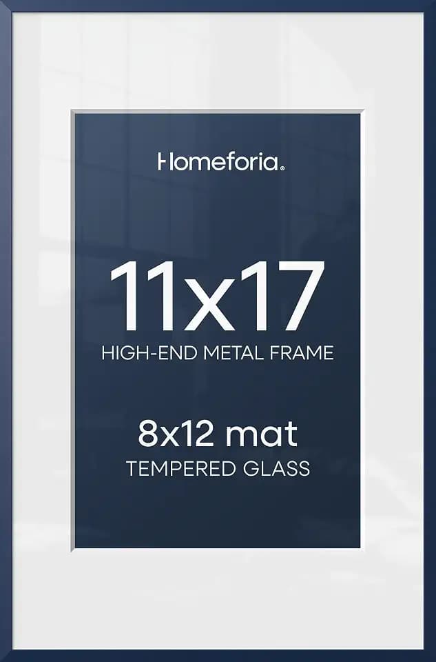 Homeforia 11x17 Blue Picture Frame, High-End Metal, 8x12 Mat, Glass