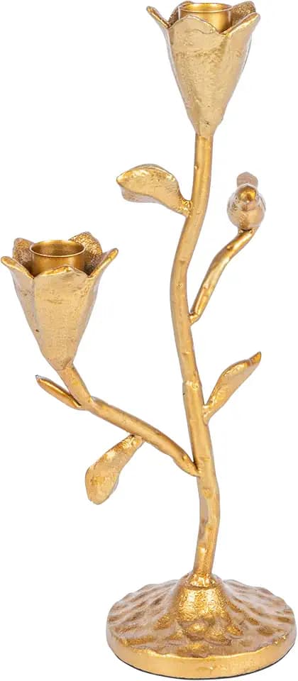 Creative Co-Op Tall Hand-Forged Cast Iron Candelabra with Flowers and Bird, Gold