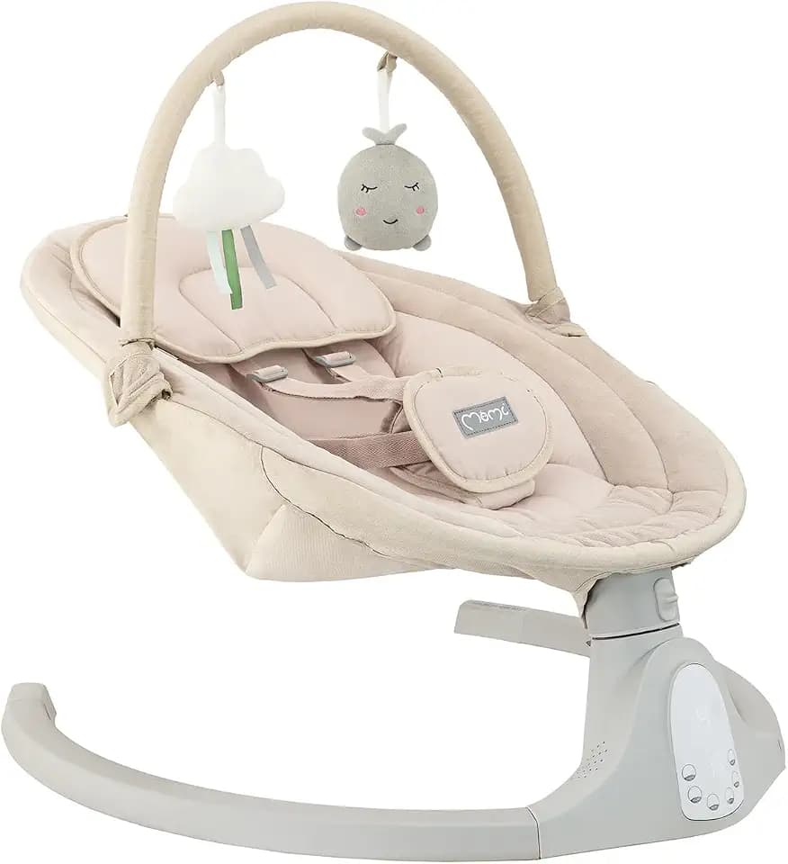 MoMi KENANI SAND Babywippe für Babys bis 9 kg, mit LED-Display, Fernbedienung & Bluetooth für Smartphone, Batterie- oder Stromanschluss, mit 5-Punkt-Sicherheitsgurt, Bügel und Spielzeug