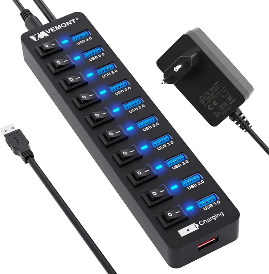 USB Hub Aktiv 3.0 mit Netzteil, VEMONT 11 Ports USB Verteiler mit 12V/3A