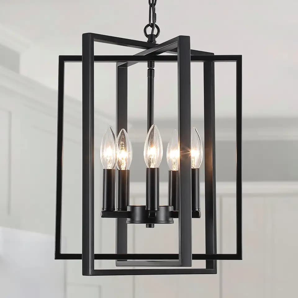 Black Modern Farmhouse Chandelier for Dining Room, 5-Light Pendant Lights Fixtures for Kitchen Island, Foyer Lighting Fixtures High Ceiling for Entryway Hallway Living Room Bedroom