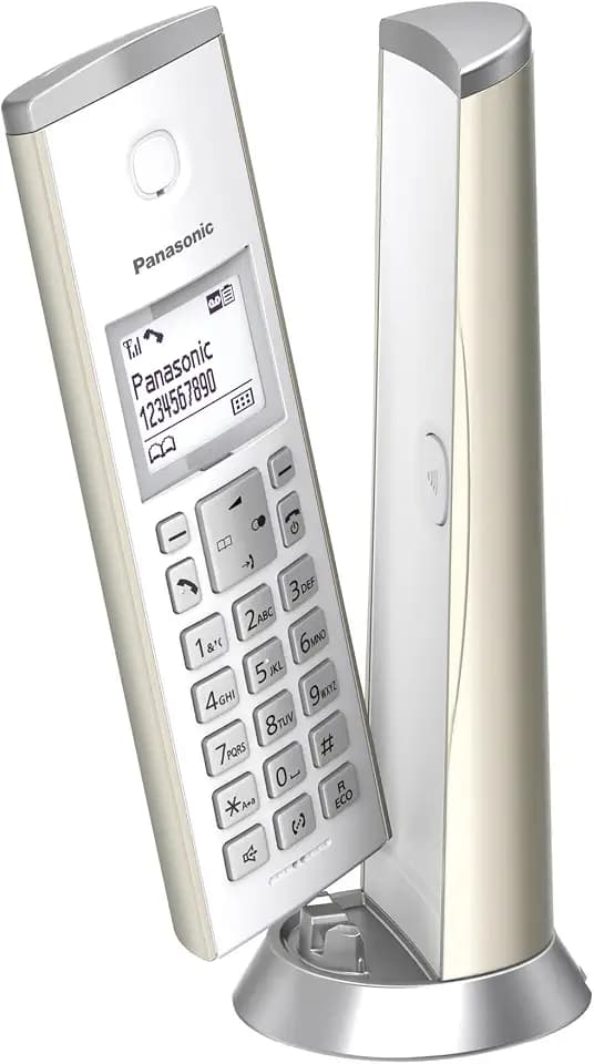 Panasonic KX-TGK220GN Design-Schnurlostelefon mit Anrufbeantworter, Station & Hörer, Freisprecheinrichtung, weißes LCD, Blockierung störender Anrufe, Hörer-Magnet, Champagnergold