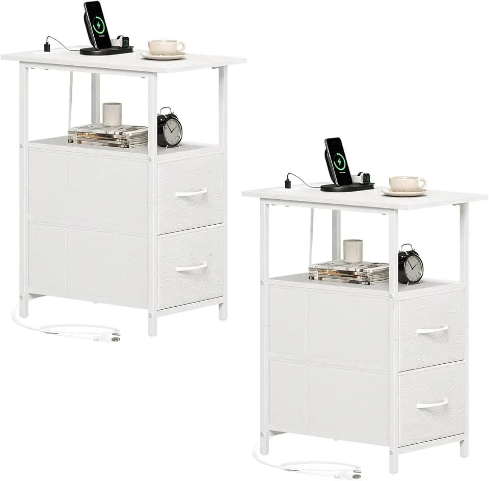 Somdot End Table Set of 2 with Charging Station, 2 Drawers, Slim Side Table