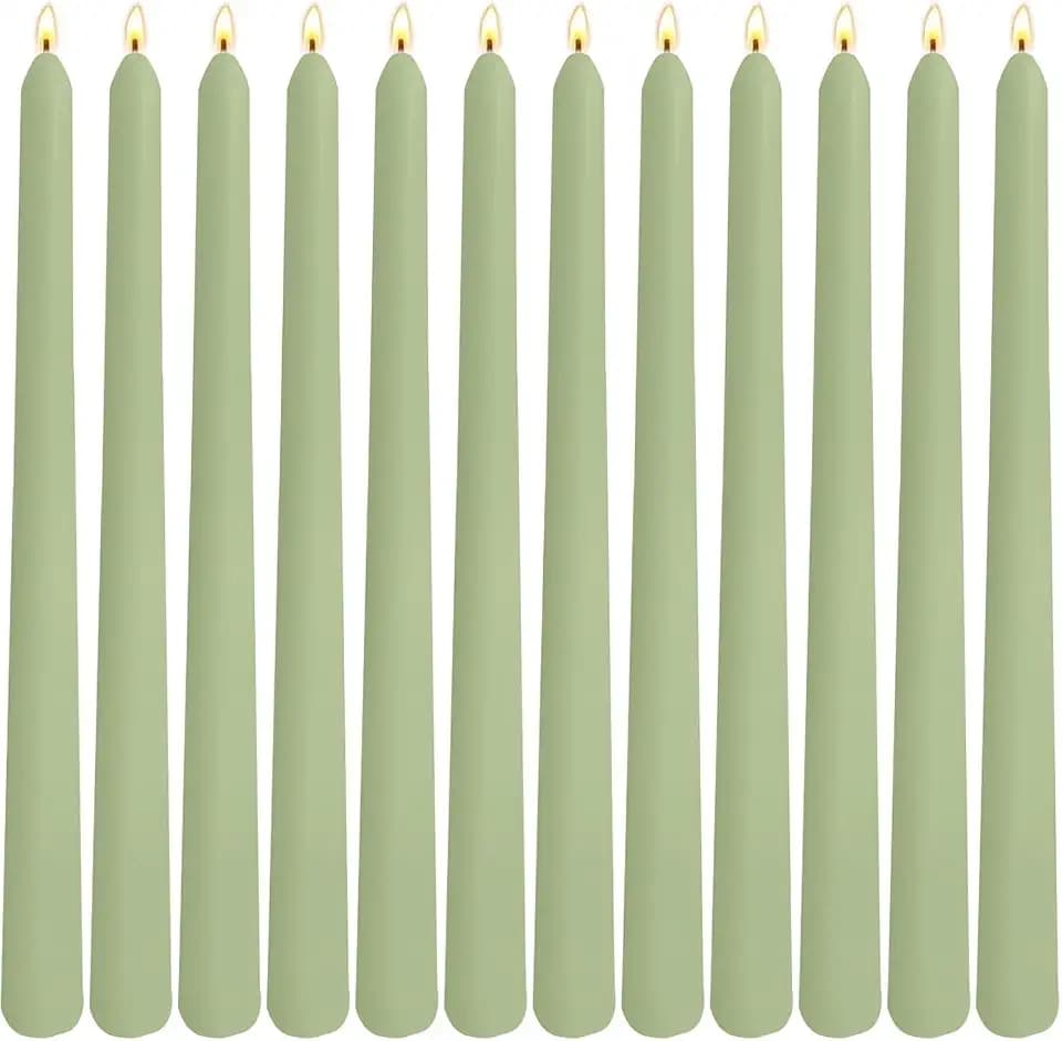 12 Pack Sage Green Taper Candles 10 Inch – Unscented Dripless Candlesticks with 8-Hour Long Burn, Premium Wax Cotton Wick for Spring Decor, St Patrick's Day, Dining Table, Wedding Centerpieces & Home