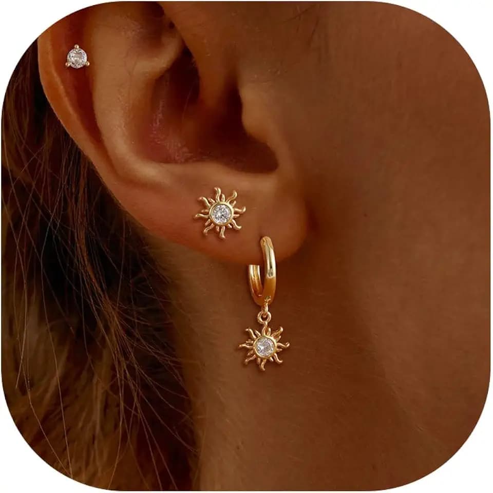 SHERLOVE Gold Earring Stacks Women 3Pairs Dangle Stud Huggie Hoop Set