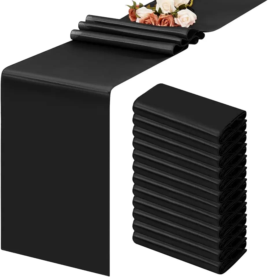 fani 12 Packs Black Satin Table Runners 12 x 108 inch Long Table Runners for Rectange and Round Table, Smooth Satin Fabric Table Runner for Wedding Banquet Birthday Party Decoration
