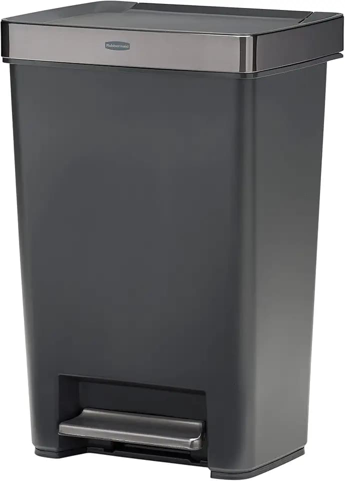 Rubbermaid Premier Series III Step-On Trash Can for Home and Kitchen, with Stainless Steel Rim, 12.4 Gallon, Charcoal, for Home/Kitchen/Garage/Apartment/Office