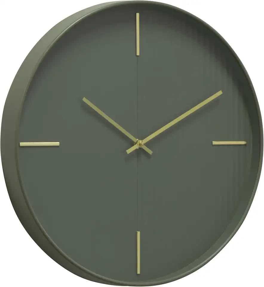 Zen Grove Minimalist Wall Clock, 15.75” Modern Green Wall Clock with Gold Accents, Subtle Stripe Face, Quartz Movement, Glass Cover, Contemporary Home Décor