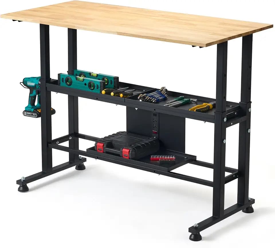 Adjustable Workbench, 48’’ Work Bench with Power Outlet and Storage
