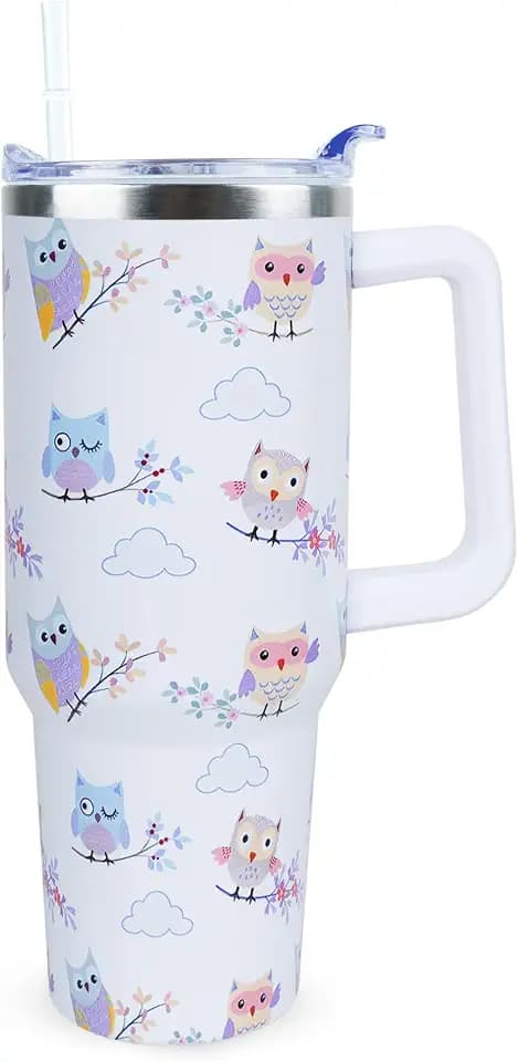 40 oz Cute Owl Tumbler with Handle and Straw, Stainless Steel Insulated Cup with Lid and Straw, Travel Mug Water Bottle, Gifts for Women