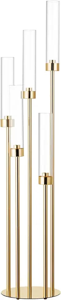 Garvee 1PCS 42.5In 5 Arm Gold Floor Candelabra, Tall Metal Candle Centerpieces for Tables with Acrylic Lampshade for Wedding, Birthday Party, Home Decoration, Christmas, Fit LED 0.82'' LED Candle