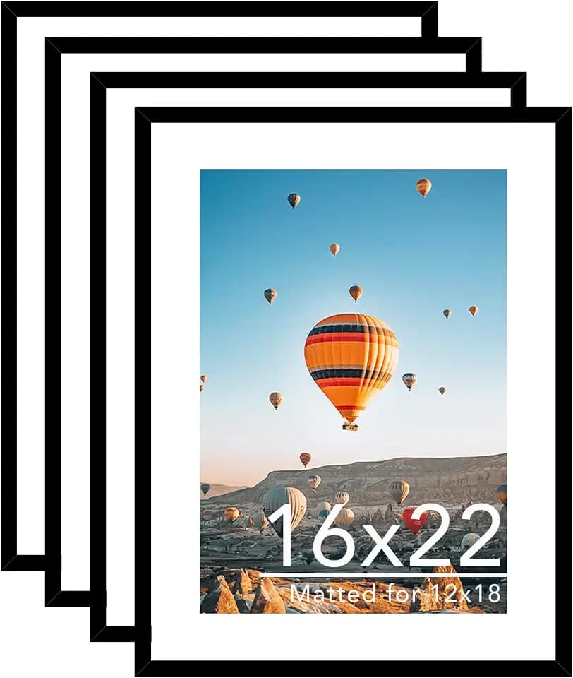 JCJMY 16x22 Picture Frame Set of 4 with 12x18 Mat, Display Photo 12x18 with Mat or 16 x 22 Without Mat, Wall Hanging Large 16 by 22 Poster Frame with Plexiglass, 4 Pack, Black