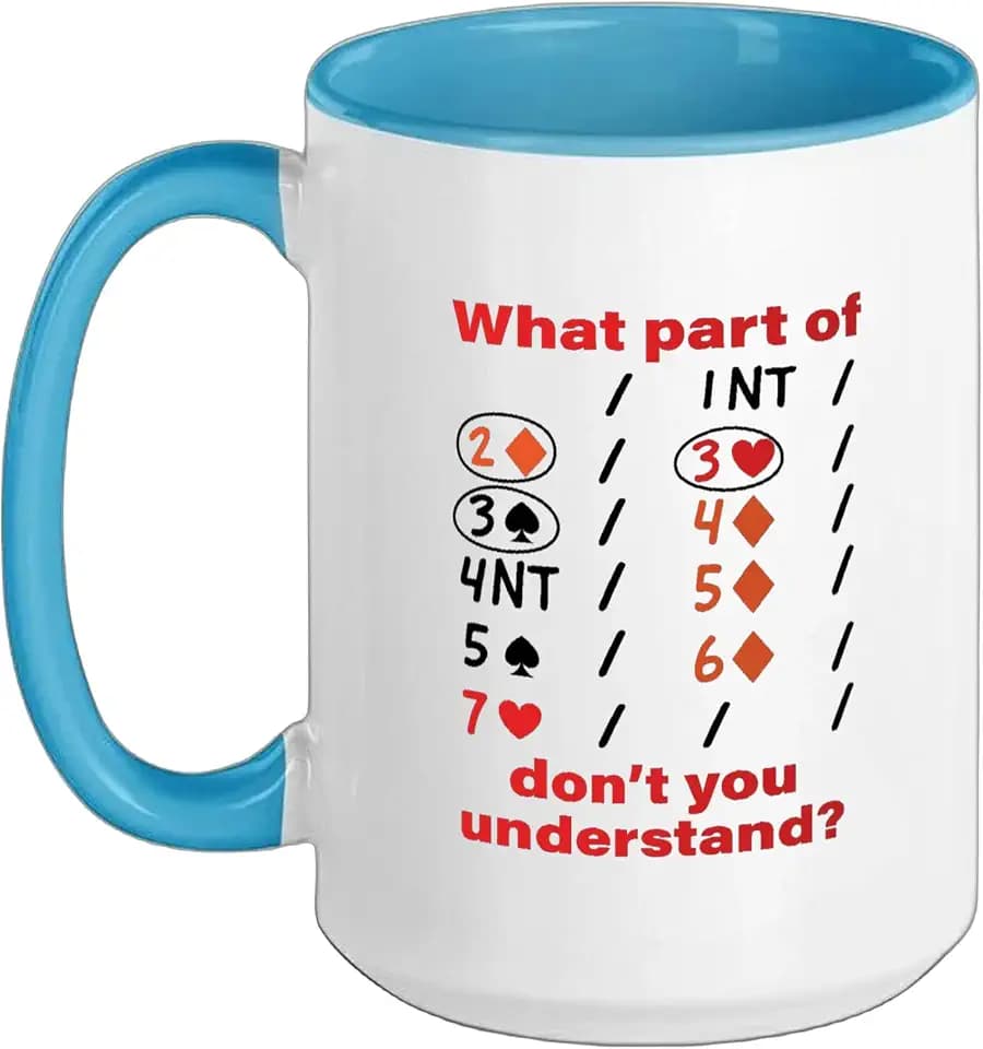 Contract Bridge Advanced Bids - Duplicate Card Game Alerts Ceramic Mug, Blue/White, 15oz