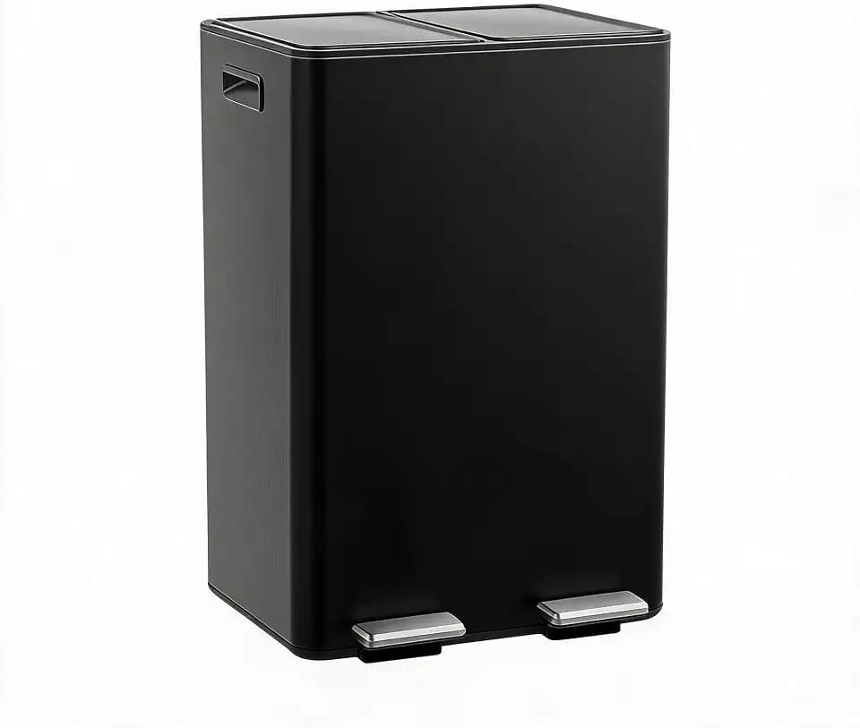 OUTLANE 2 x 8 Gallon Dual Compartment Trash Can, Step Pedal Recycling Bin with 2 Removable Buckets, Stainless Steel Garbage Can with Soft Close Lid for Kitchen Office, Black