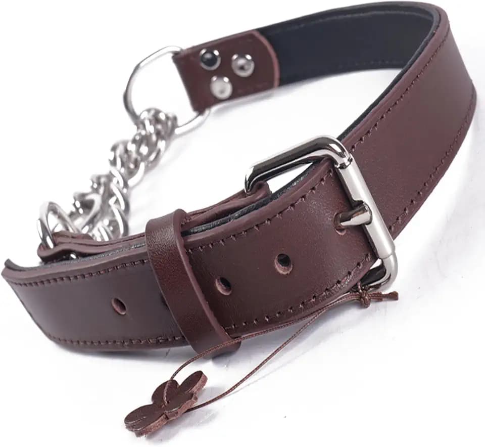 Mit Leder gefüttertes Half-Check-Martingal-Halsband mit Kette (braun, M)