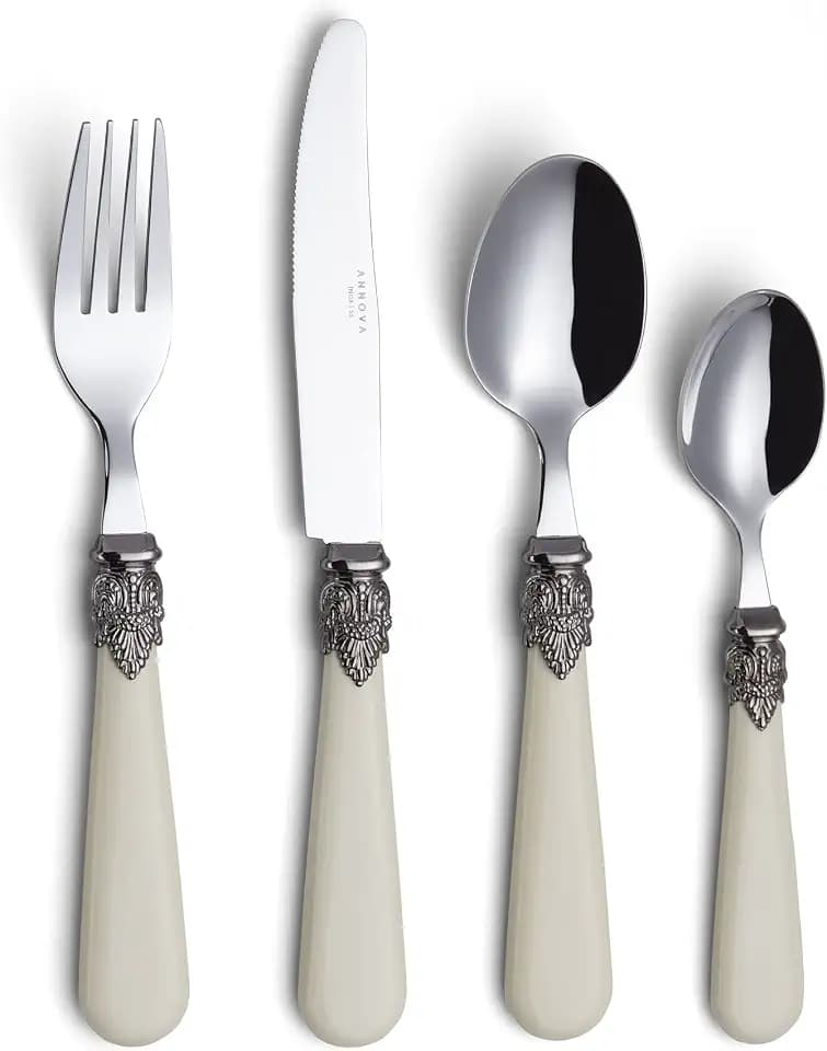 Annova Flatware 24 Pieces Set/Stainless Steel Vintage Silverware/Cutlery Set, Ivory Color, Dinner Knife/Dinner Fork/Dinner Spoon/Dessert Spoon, Mirror Polished, Service for 6 - Cream/Ivory Vintage