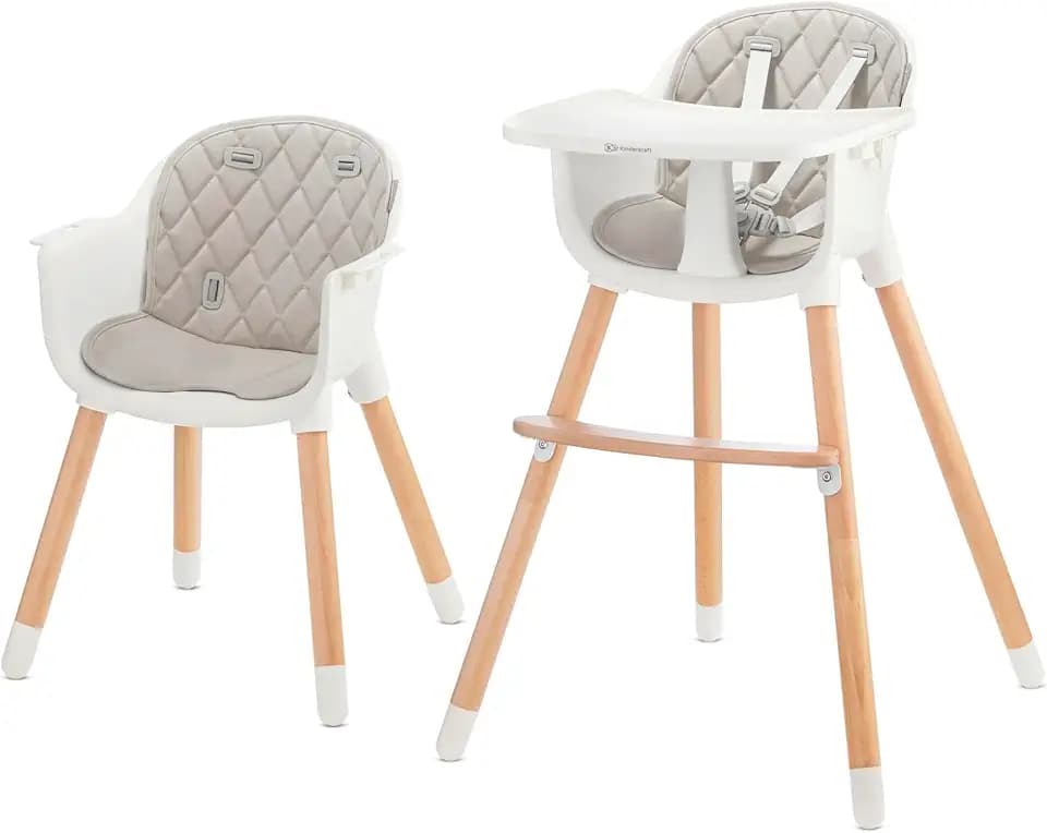 Kinderkraft Hochstuhl SIENNA 2 in 1, Kinderhochstuhl, Babystuhl, Kombihochstuhl, Beine aus Holz, 5-Punkt-Gurt, Fußstütze, abnehmbare Tablett, Rutschfeste Stuhlbeinkappen, ab 6 Monate bis 4 Jahre, Grau